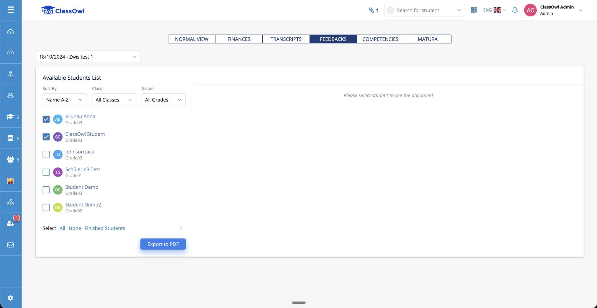 The old Feedbacks flow: a student list with an Export to PDF button