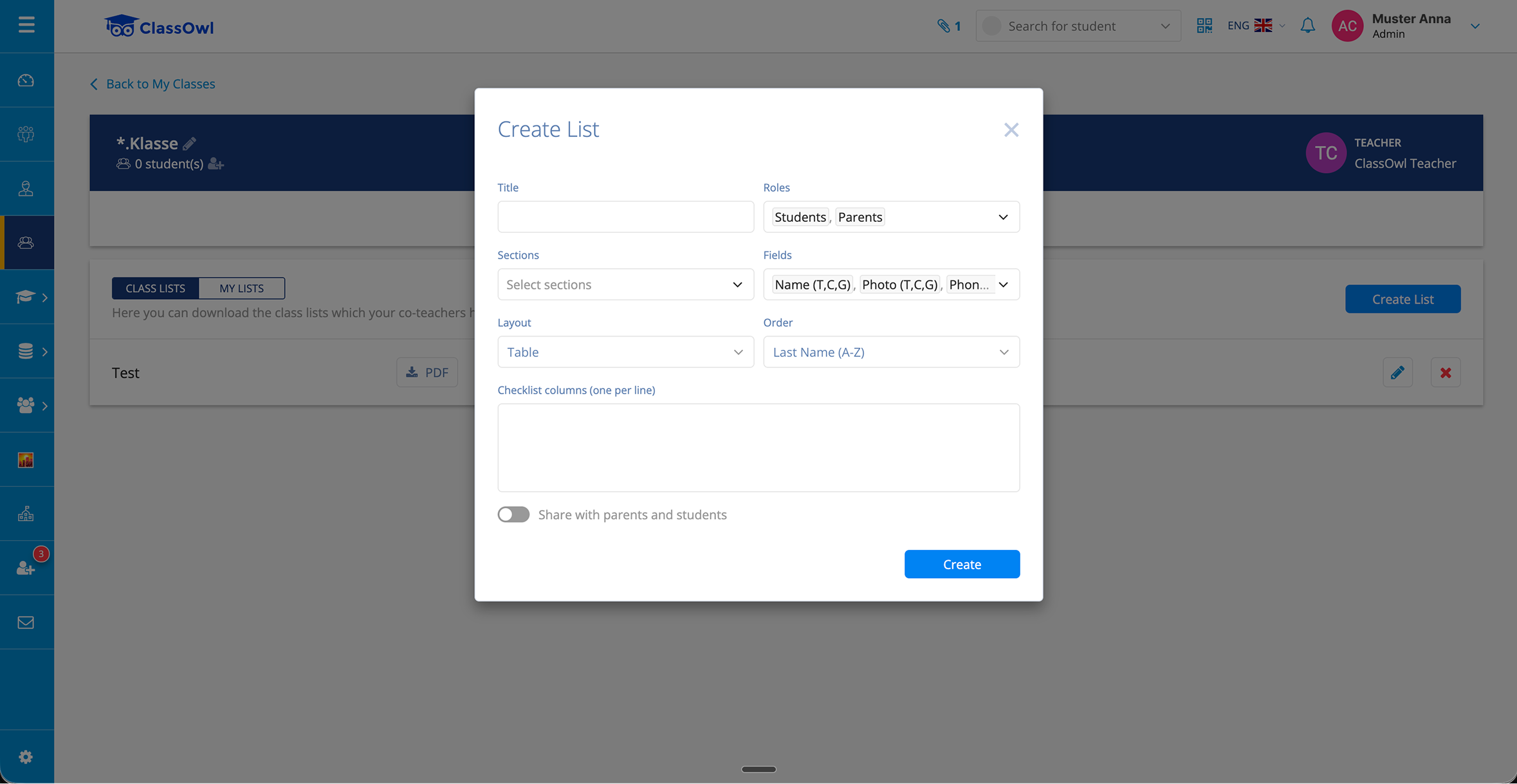 The original list-creation modal: every option exposed at once in two columns