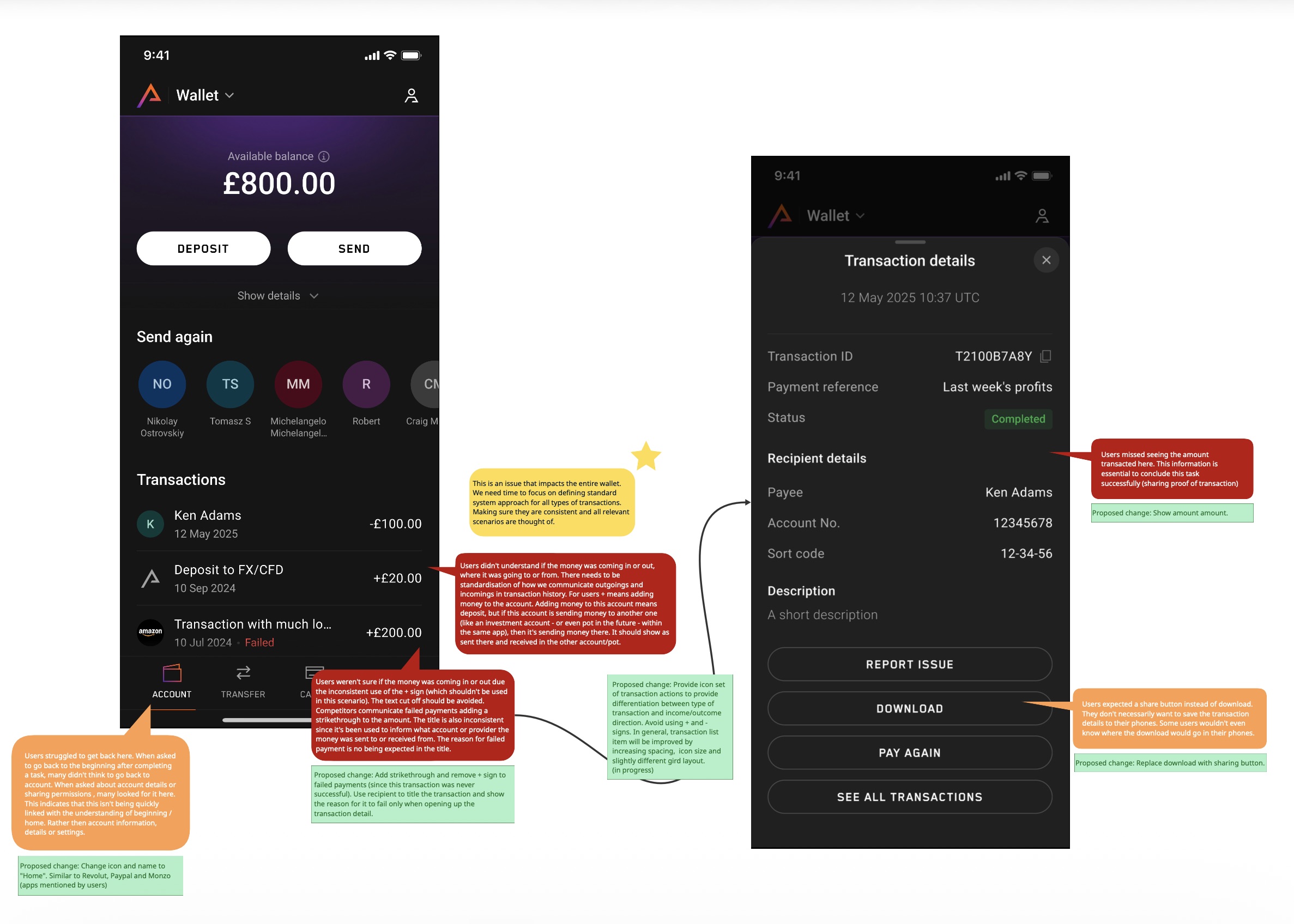 Annotated UI audit of transaction history and details screens with severity-coded issues and proposed changes