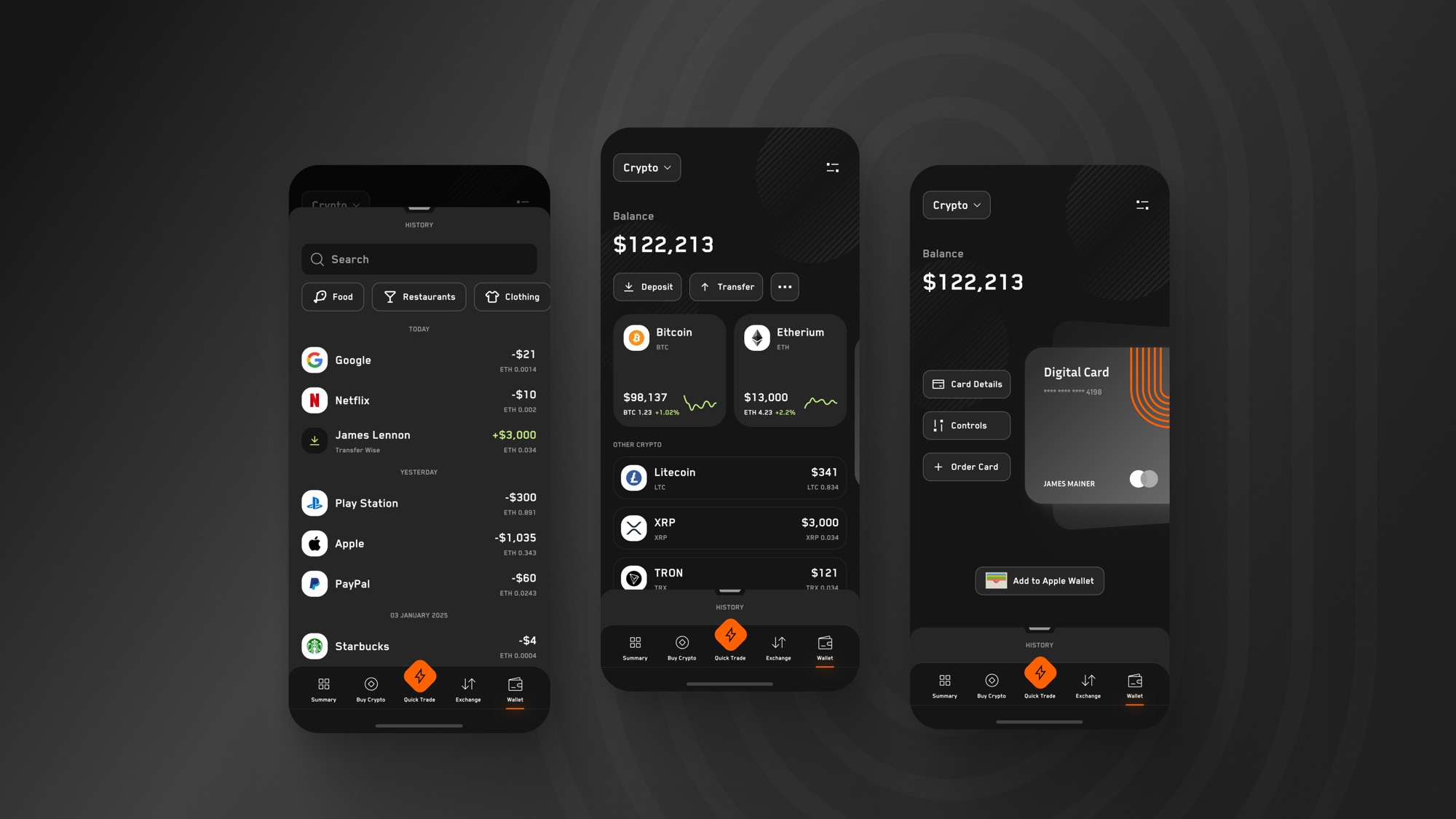 Three concept screens: transaction history with category filters, portfolio overview with asset performance, digital card management
