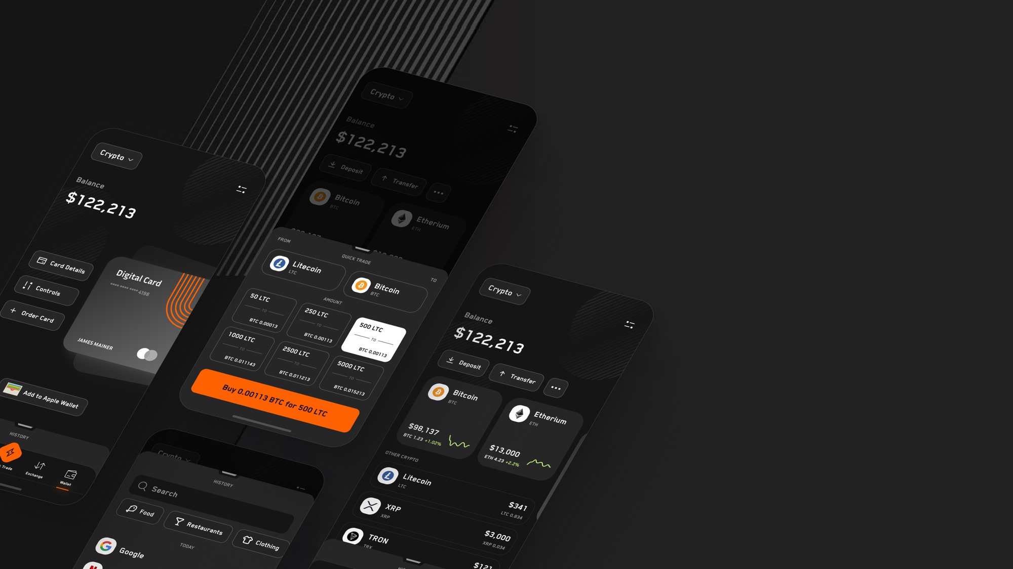 Isometric composition of the concept screens: digital card with Apple Wallet provisioning, quick trade with preset amounts, crypto portfolio and transaction history with category filters