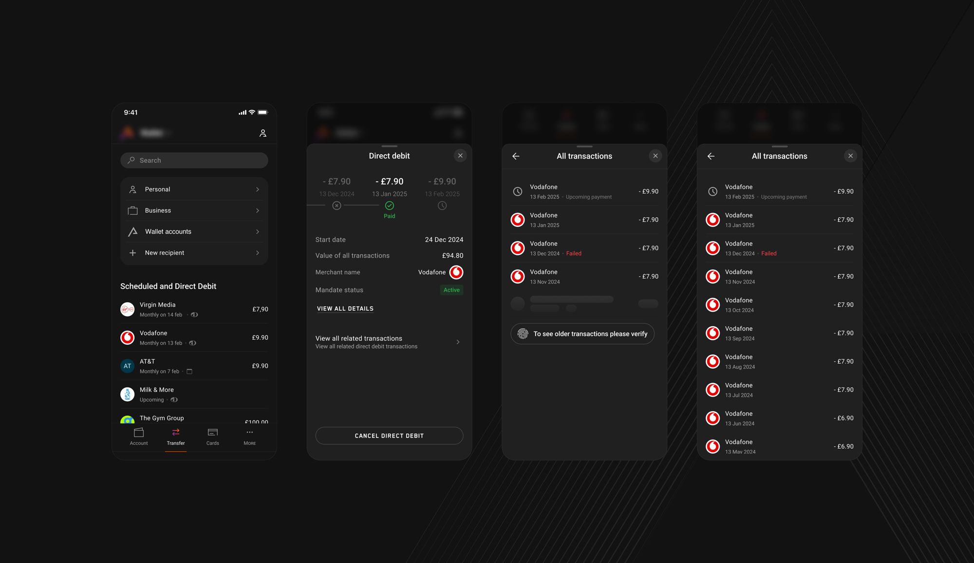 Four screens of the shipped Direct Debit flow: Scheduled and Direct Debit list on the Transfer tab, Direct Debit details with payment timeline, mandate status and Cancel Direct Debit, and the related transactions list