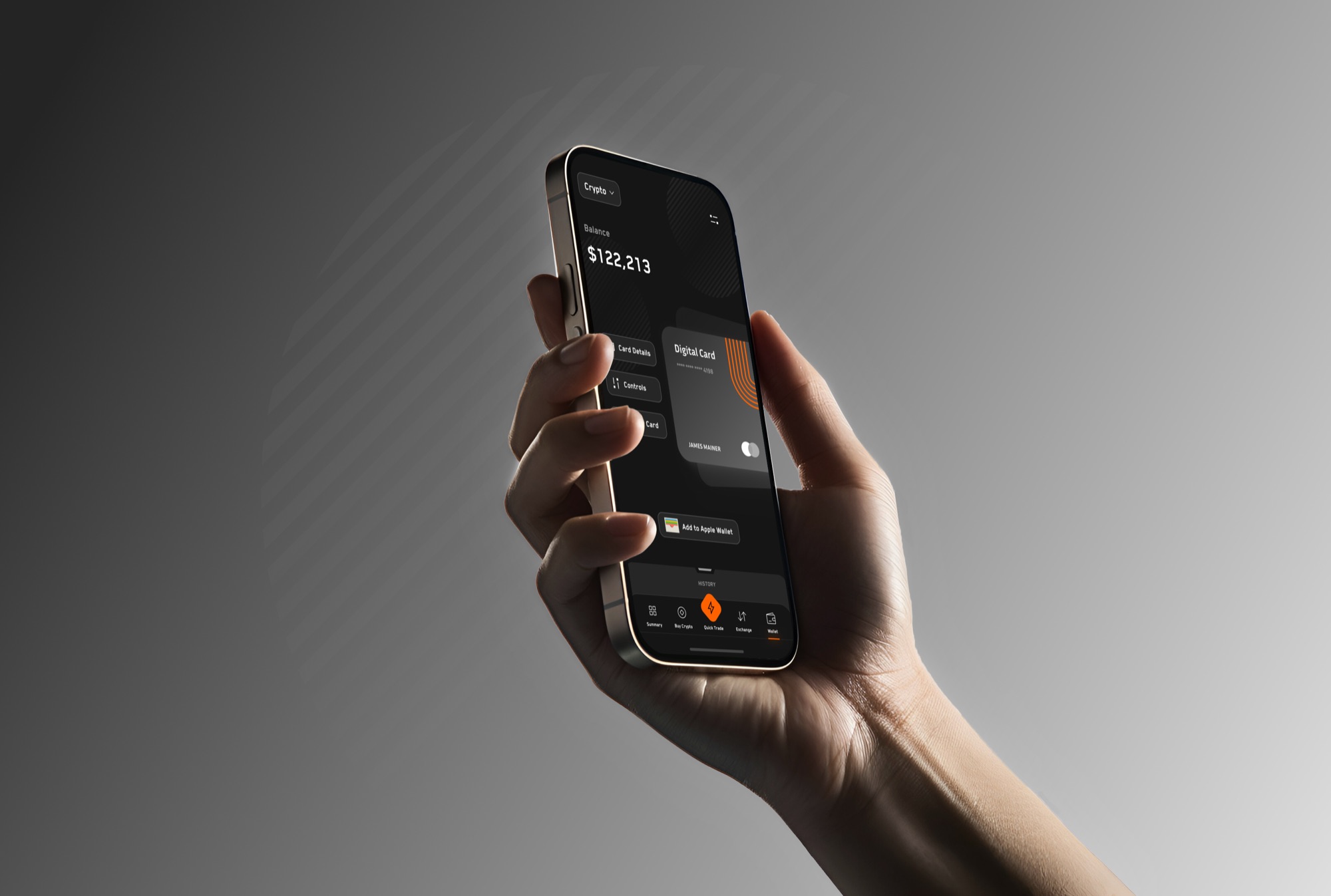 Phone in hand showing the wallet concept: crypto balance, digital card with Apple Wallet provisioning, and the Quick Trade tab bar